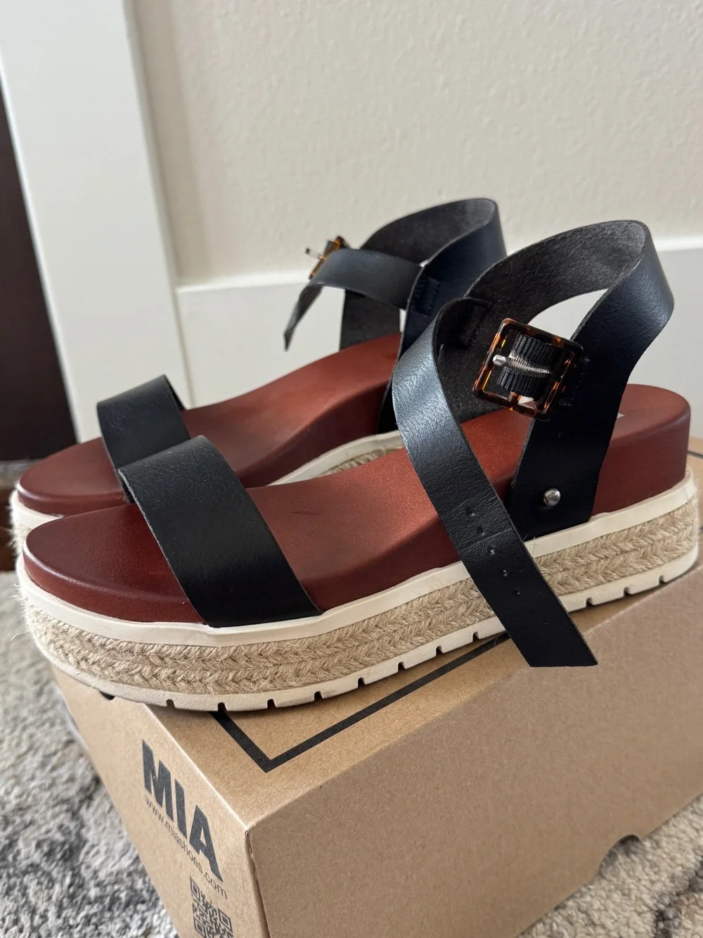 MIA Black Leather Platform Espadrille Sandal with Brown Footbed